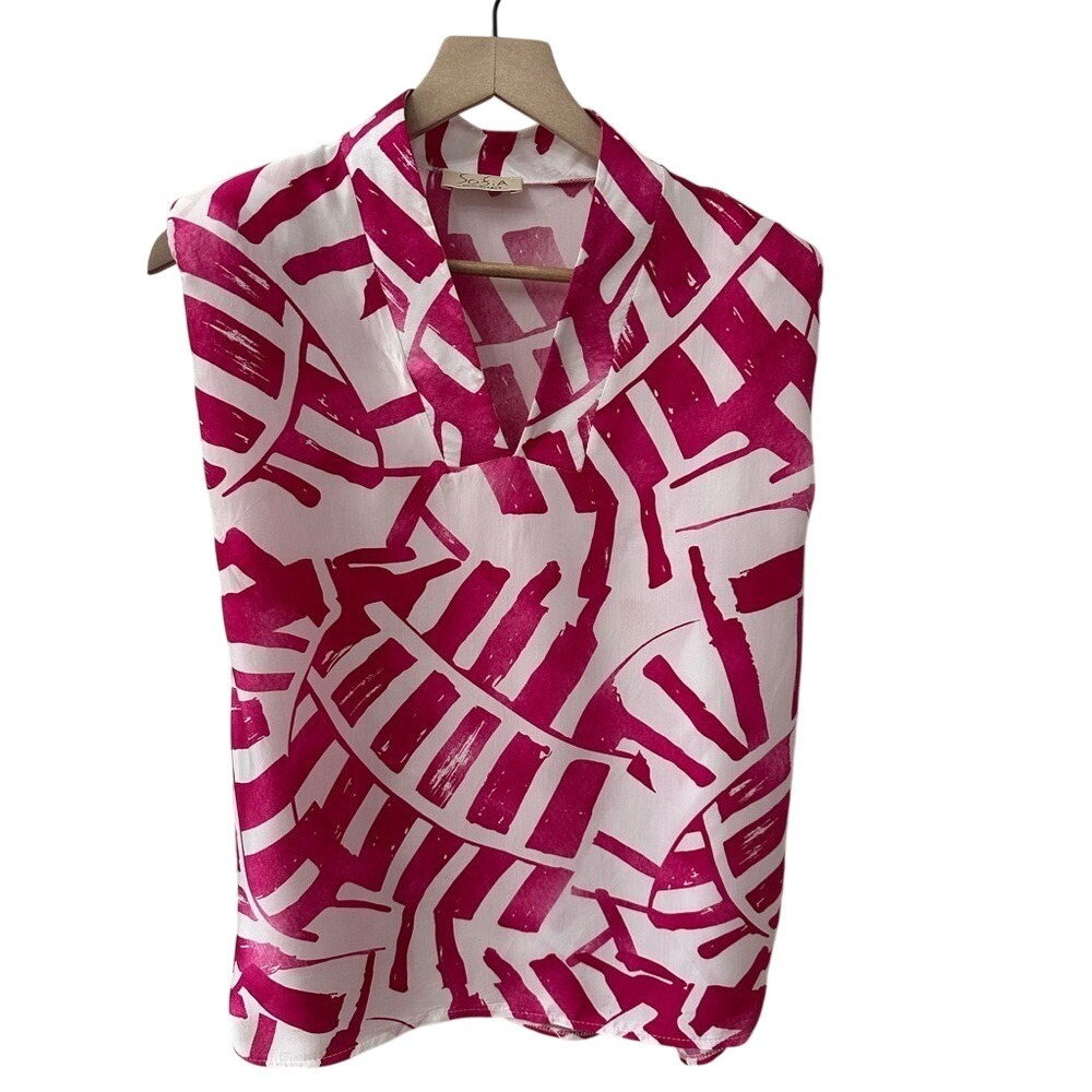 Sofia Blouse OS Fuchsia White Abstract Graphic Sleeveless Made‎ in Italy V-Neck